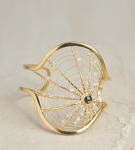 eco friendly Spider Web Cuff in Gold, White Topaz, Black Star Sapphire Sterling Silver, Gold Vermeil